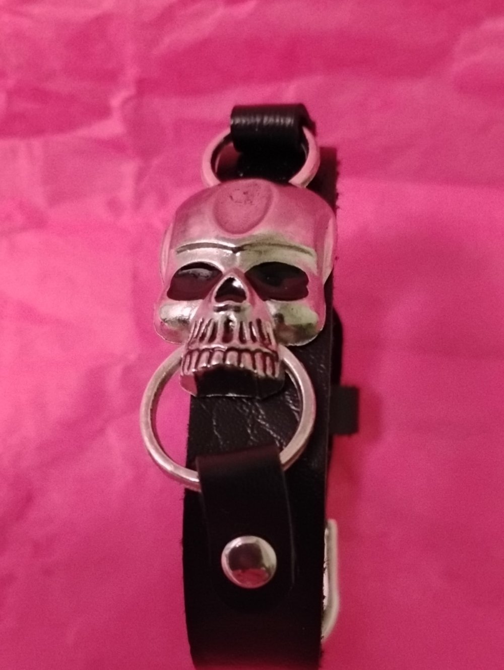 Black Leather Skull Bracelet - Unisex Accessory